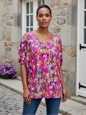 Zenana Oversized Sadie Bright, Fun, Colorful Geometric Women's Short Sleeve Top